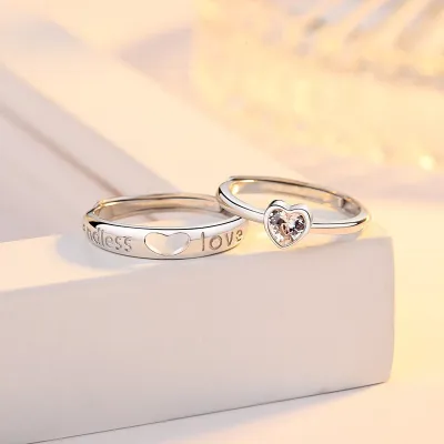 Silver Heart Stone Couple Finger Rings (2 pc)